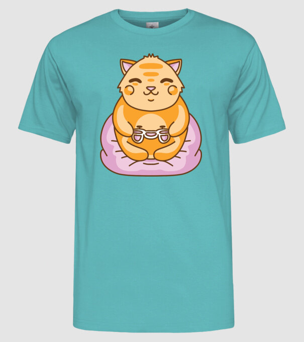 Pisică Gamer Kawaii model turcoaz pe tricou