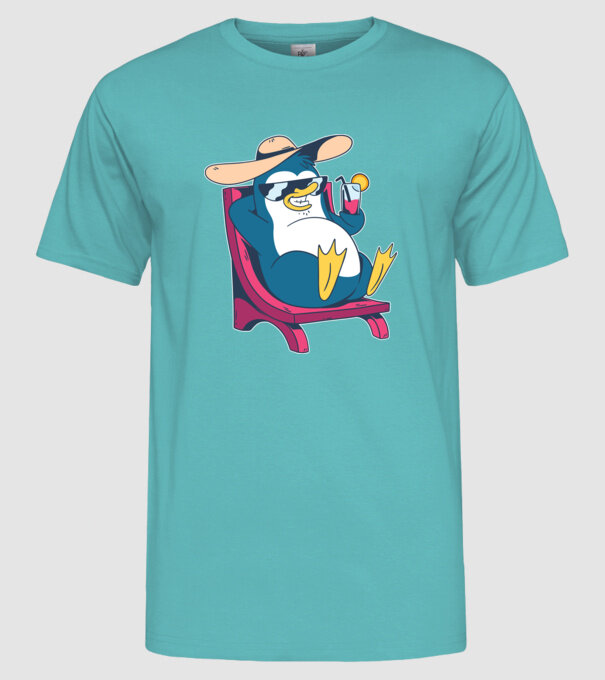 Pinguin cool stă la plajă la mare model turcoaz pe tricou