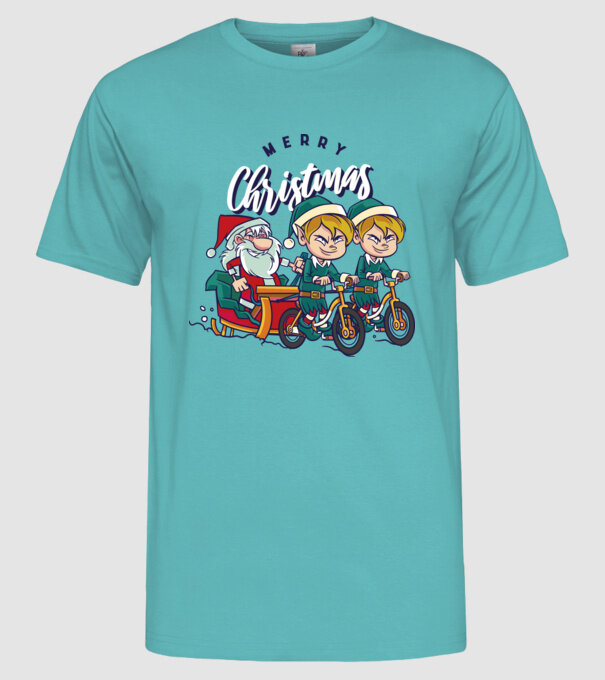 Merry Christmas Moș Crăciun cu sanie cu bicicletă model turcoaz pe tricou