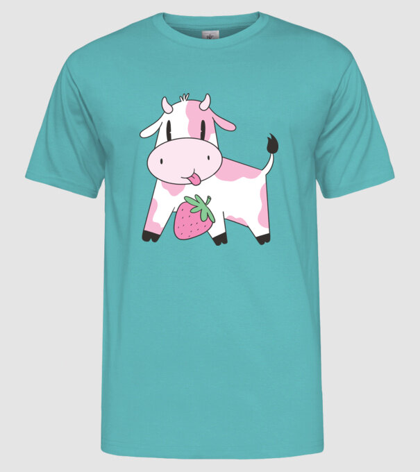 Vacă cu căpșuni model turcoaz pe tricou