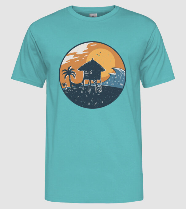 Bungalou pe plajă model turcoaz pe tricou