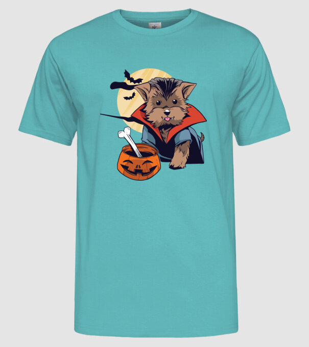 Vampir Yorkie Halloween model turcoaz pe tricou