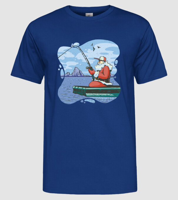 Moș Crăciun la pescuit model albastru regal pe tricou