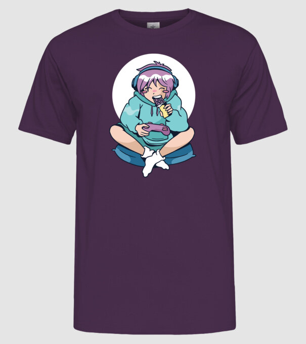 Anime Gamer Fată cu ciocolată model mov pe tricou