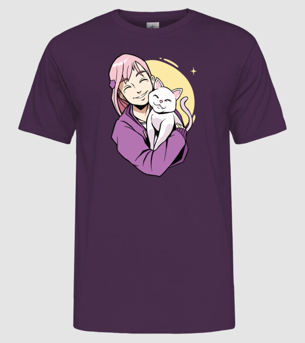 Anime fată cu pisică model mov pe tricou