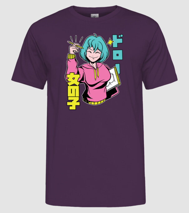 Anime fată desenând model mov pe tricou