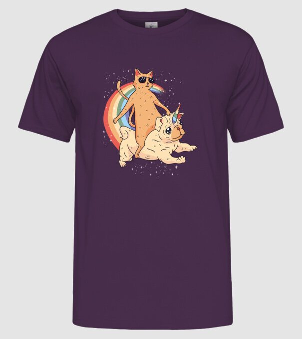 Pisică și Mops unicorn model mov pe tricou