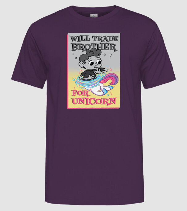 Îl ofer la schimb pe fratele meu pentru un unicorn model mov pe tricou