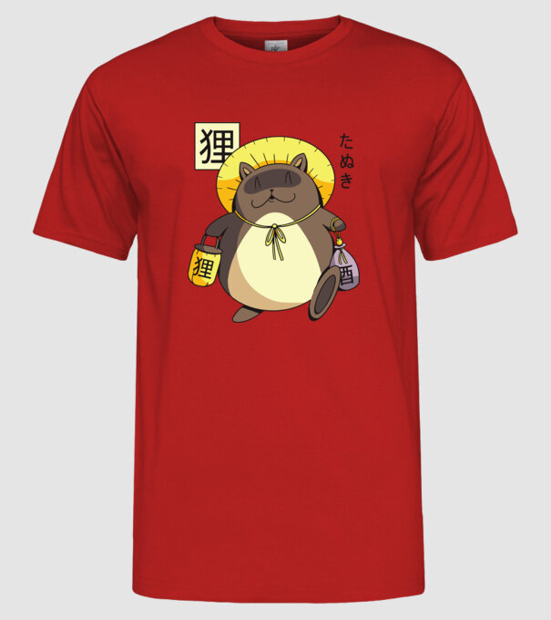 Tanuki Yokai model roșu pe tricou