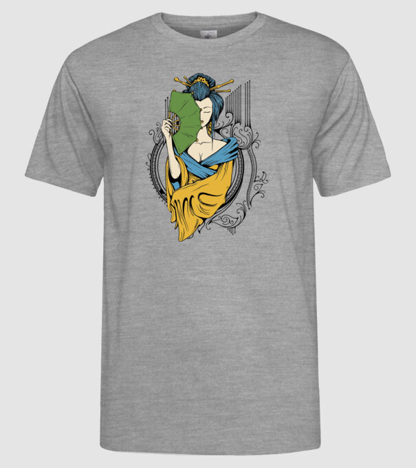 Geisha cu evantai 2 model gri pe tricou
