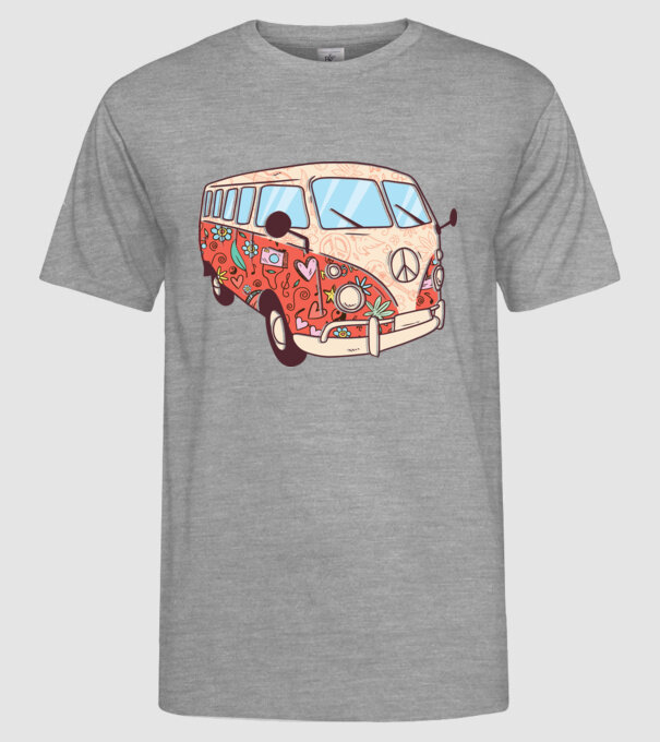 Tricou microbuz hippi retro model gri pe tricou