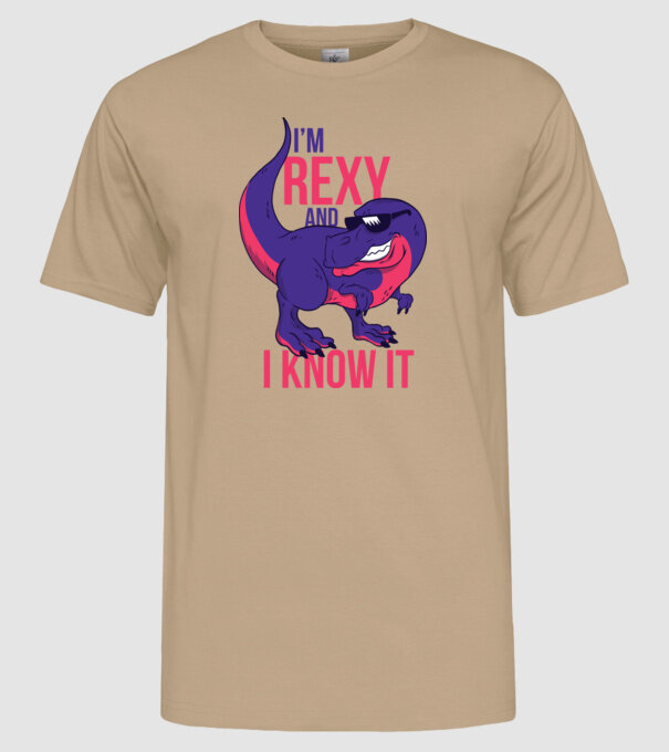 'I''m Rexy and I know it - tricou dinozaur amuzant' model nisipiu pe tricou