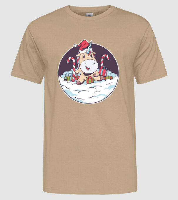 Unicorn Moș Crăciun cu cadouri model nisipiu pe tricou