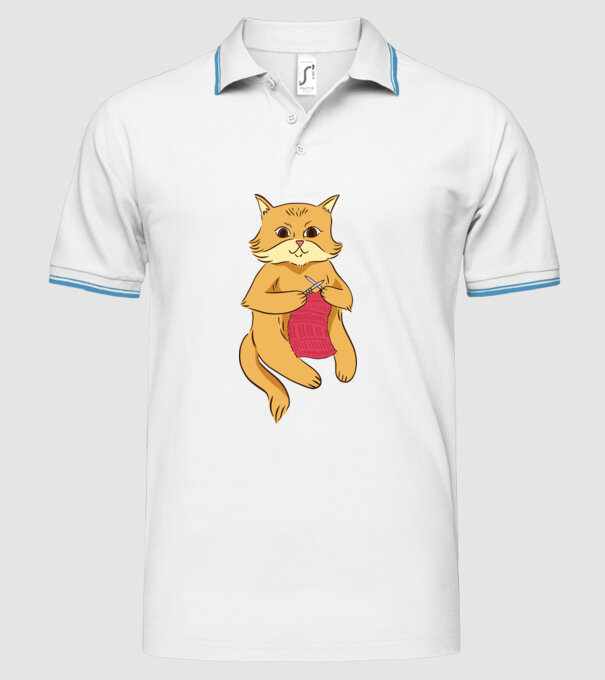 Pisică croșetând model alb pe tricou