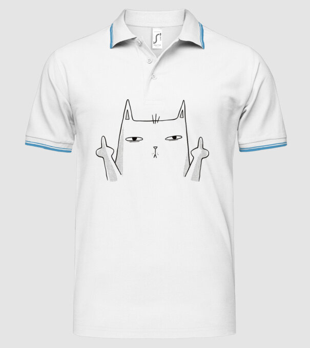 Pisică desen arată degetul model alb pe tricou
