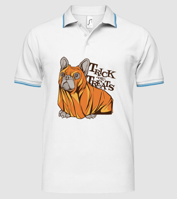 Trick or Treat Mops Halloween model alb pe tricou