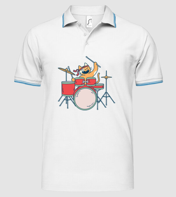 Pisică Baterist model alb pe tricou