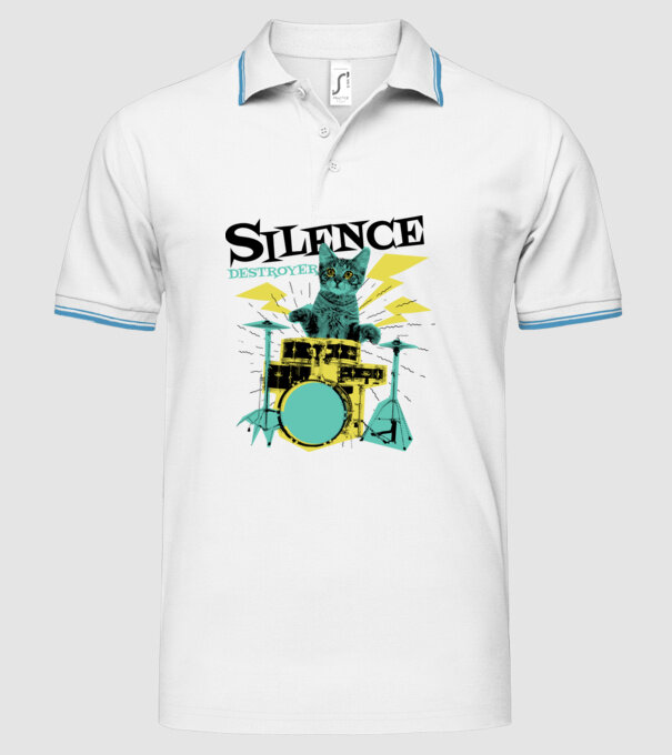 Pisică Baterist - Silence Destroyer model alb pe tricou
