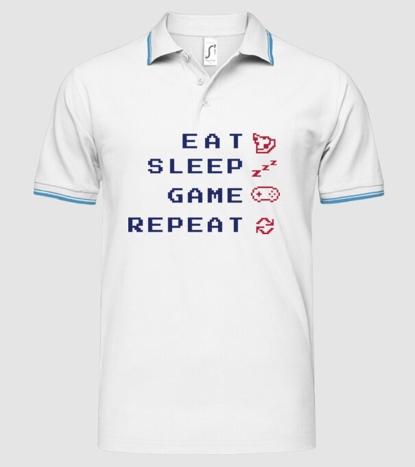 Eat Sleep Game Repeat model alb pe tricou