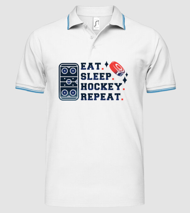 Eat Sleep Hockey Repeat model alb pe tricou