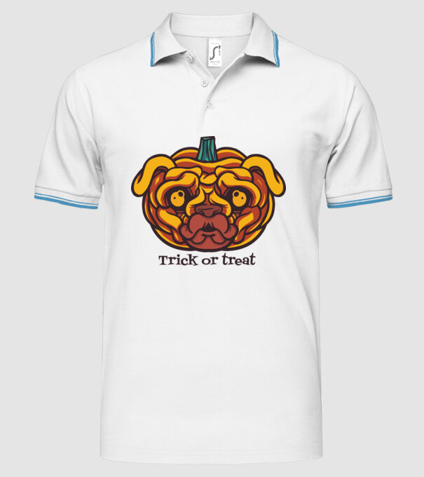 Mops cap de dovleac Halloween model alb pe tricou