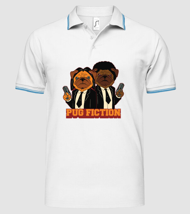Pug Fiction Pugs Mops Pulp Fiction parodie model alb pe tricou