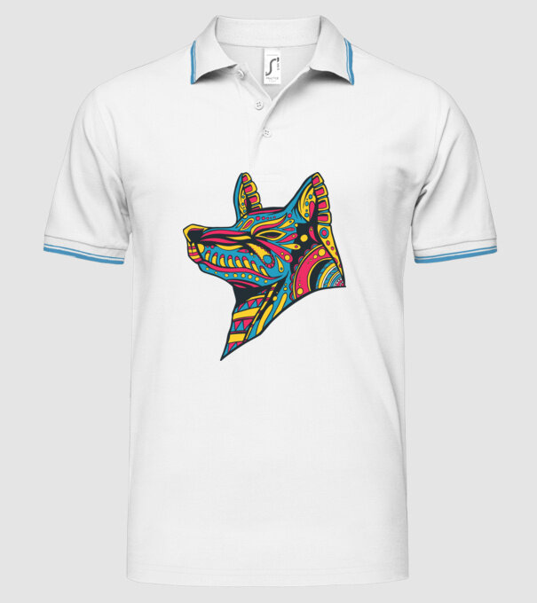 Cap de lup colorat model alb pe tricou