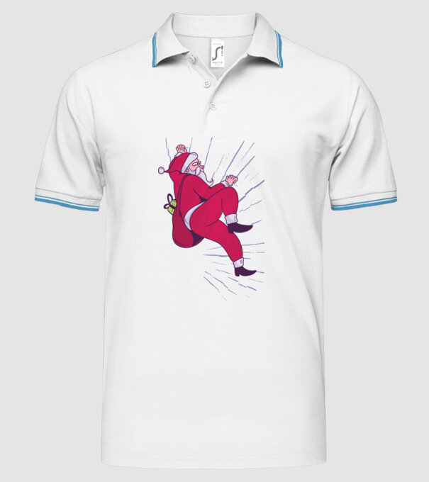 Moș Crăciun se cațără cu cadouri - tricou Crăciun model alb pe tricou