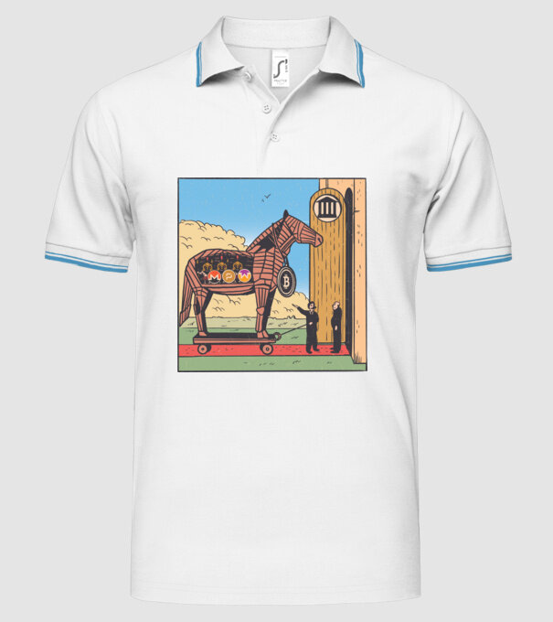 Cal troian Bitcoin model alb pe tricou