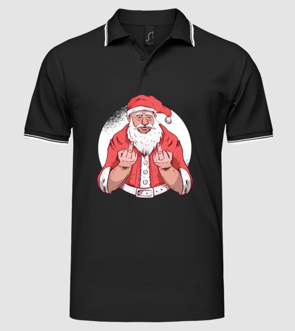 Moș Crăciun antisocial arată degetul model negru pe tricou