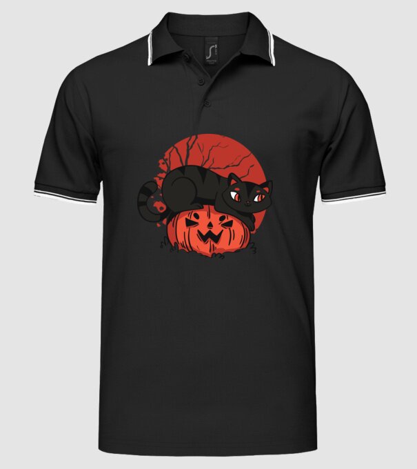 Pisică pe dovleac Halloween model negru pe tricou