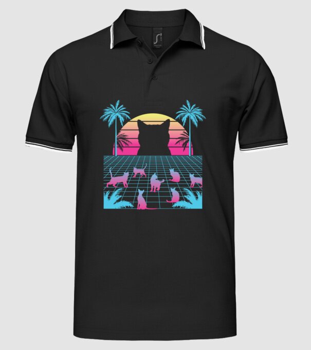 Pisică Vaporwave neon model negru pe tricou