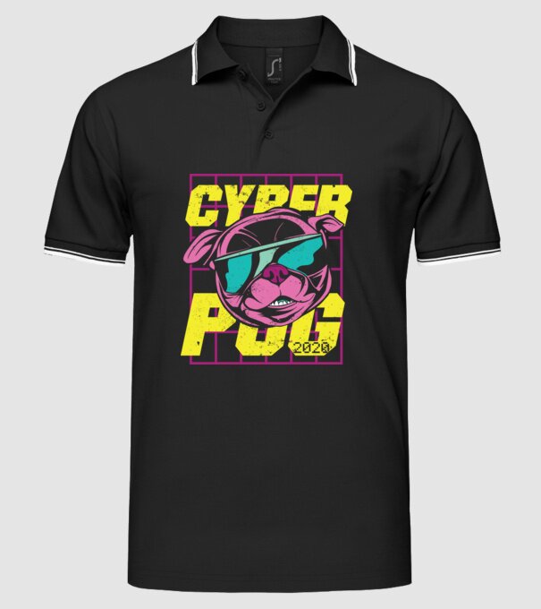Mops Cyber Pug model negru pe tricou