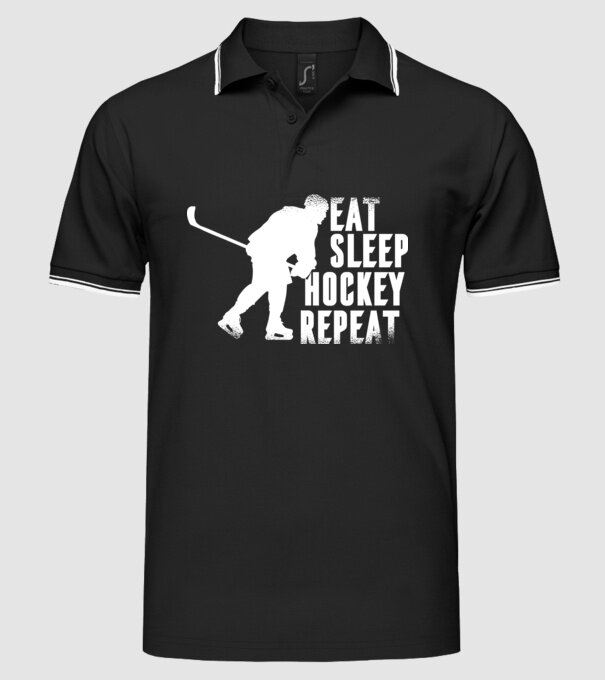 Eat Sleep Hockey Repeat model negru pe tricou