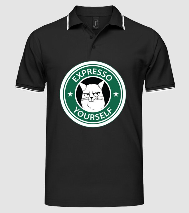 Expresso Yourself tricou Pisică cu cafea model negru pe tricou