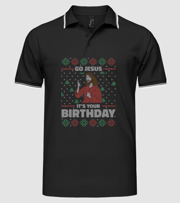 'Go Jesus, It''s Your Birthday Ugly Sweater' model negru pe tricou