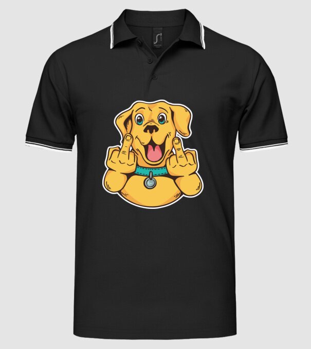 Golden Retriever arată degetul model negru pe tricou