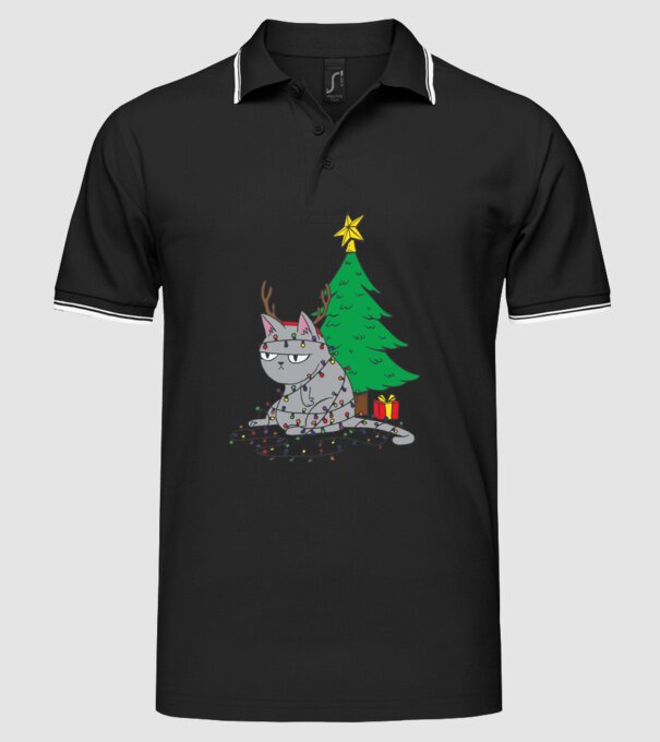 Pisicuță încurcată în becurile pomului de Crăciun model negru pe tricou