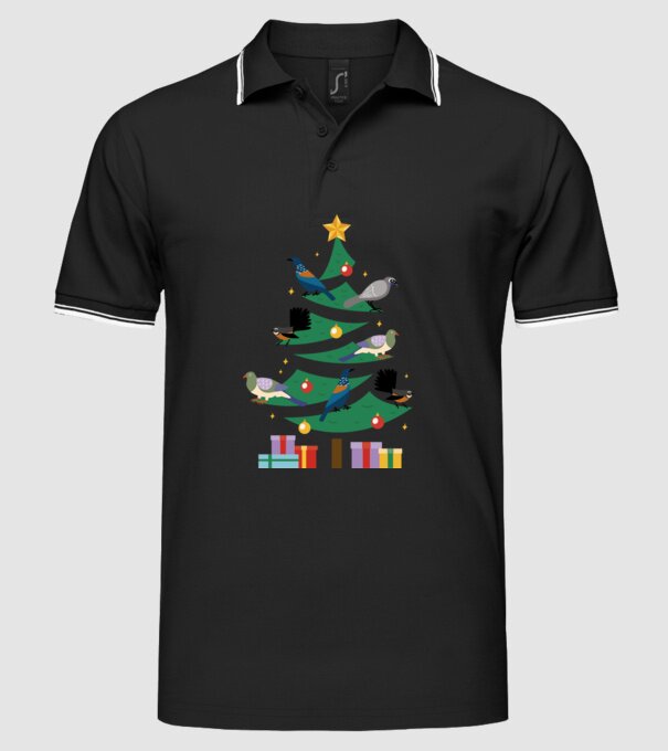 Pom de Crăciun cu păsări model negru pe tricou