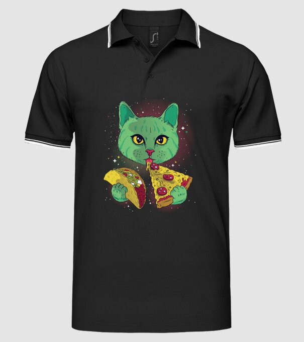 Pisică Cosmică Pizza și Taco model negru pe tricou
