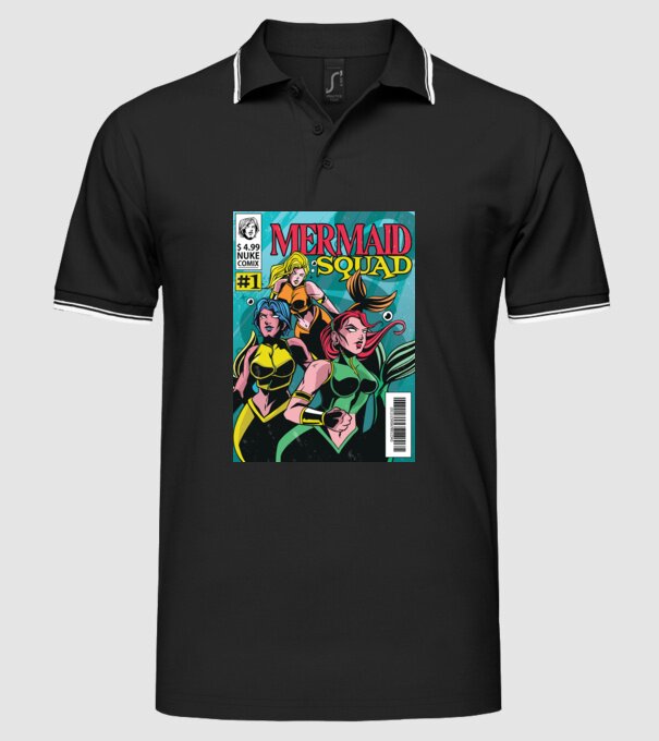 benzi desenate Mermaid Squad model negru pe tricou