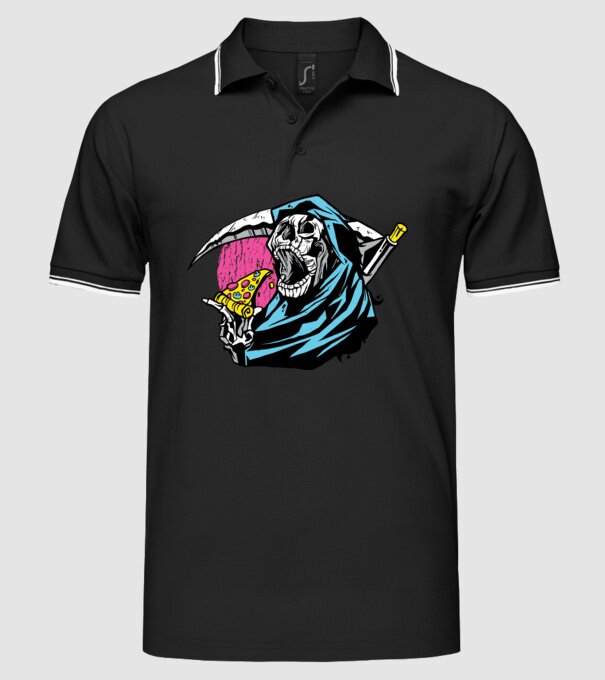 Om cu coasă și pizza model negru pe tricou