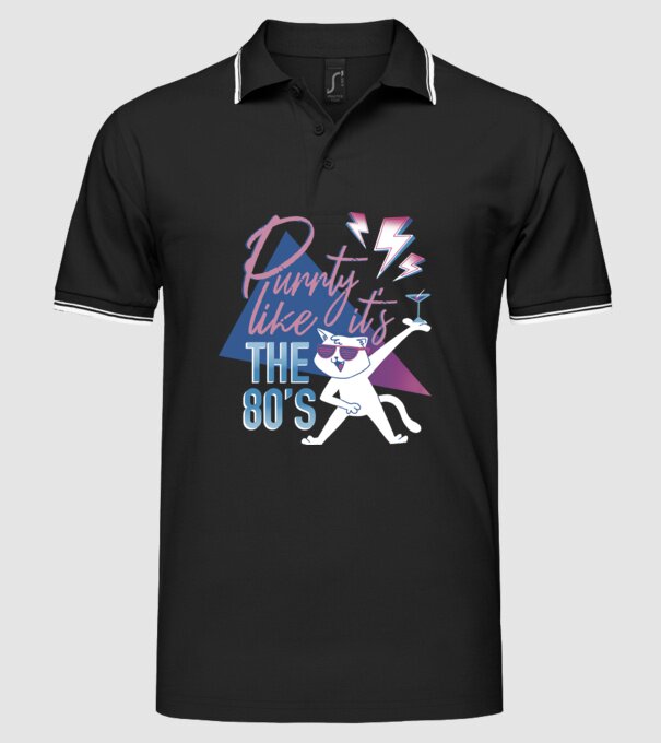 'Purrty Like it''s the 80''s' model negru pe tricou