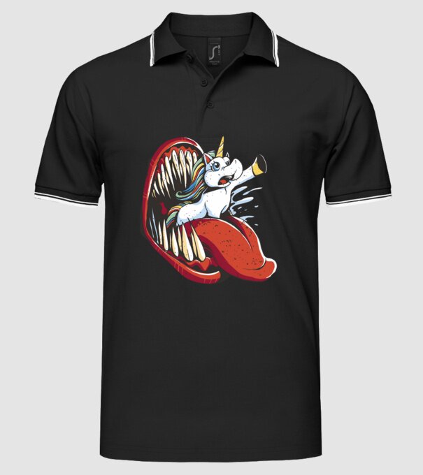 În gura monstrului Unicorn model negru pe tricou