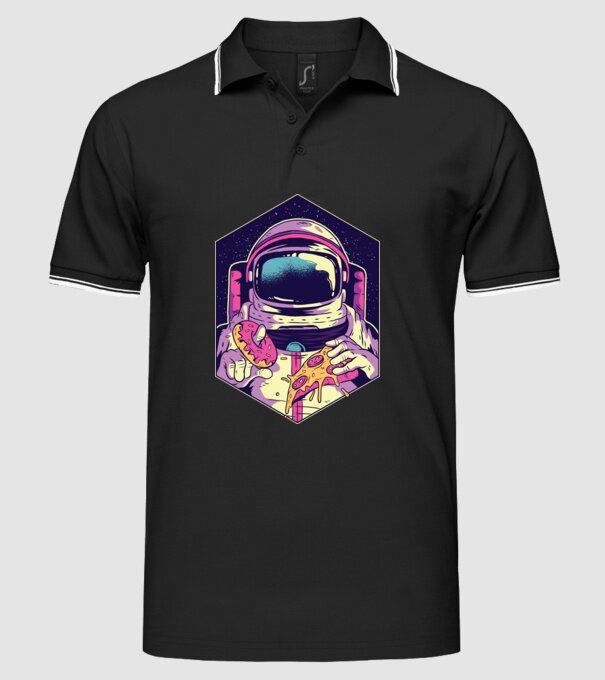 Astronaut Gogoașă și Pizza model negru pe tricou