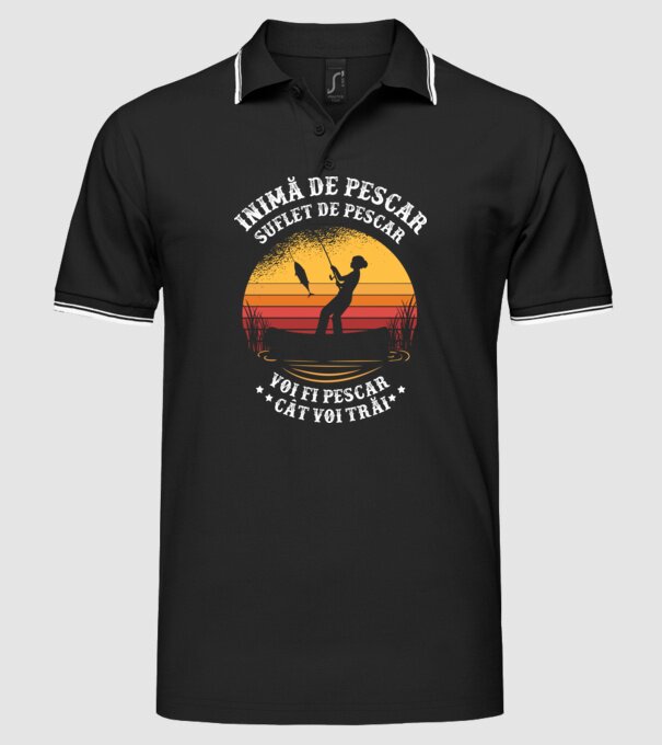 inimă de pescar, suflet de pescar, voi fi pescar cât voi trăi model negru pe tricou