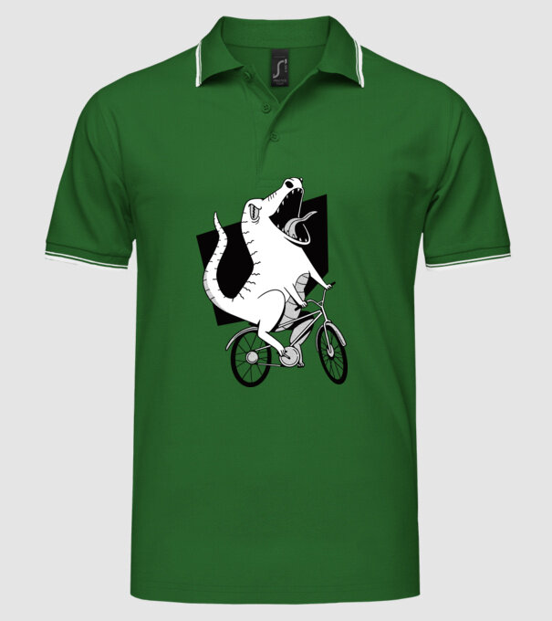 Dinozaur cu bicicletă model verde pe tricou