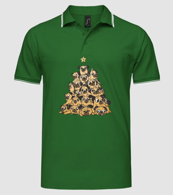 pom de Crăciun cu cățel (mops) model verde pe tricou