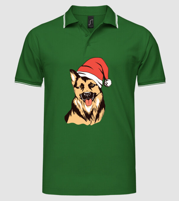 Ciobănesc german în căciulă de Moș Crăciun model verde pe tricou