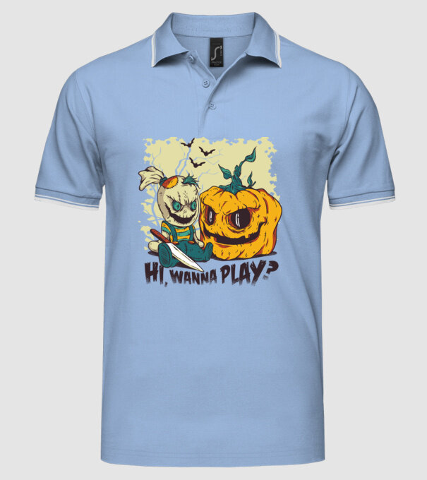 Vrei să te joci? Halloween model albastru deschis pe tricou
